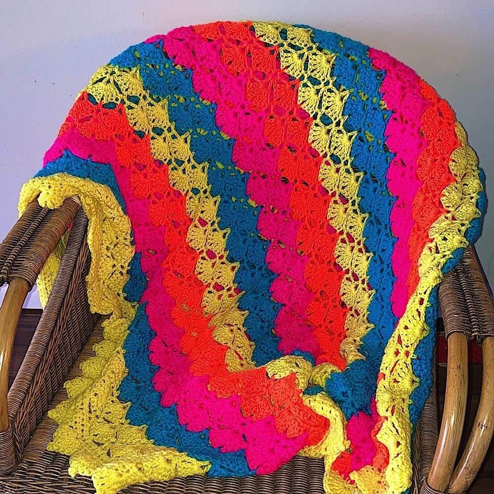 Handmade 75x80 Neon Bright Vibrant Bohemian Fan Crochet Afghan Blanket Throw